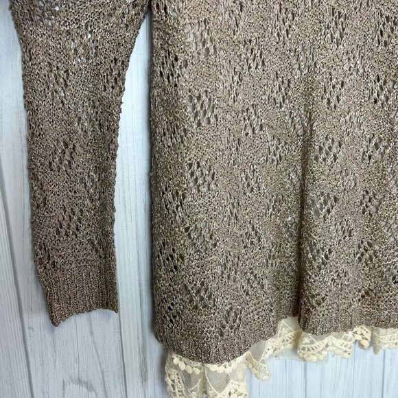 Altar'd State Size S/M Pointelle Knit Tunic Top Lace Trim Long Sleeve Taupe NWT - Picture 6 of 13